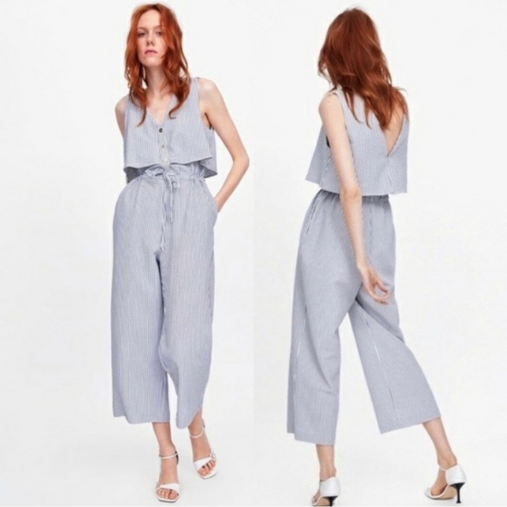Zara Blue and White Striped Sleeveless Jumpsuit